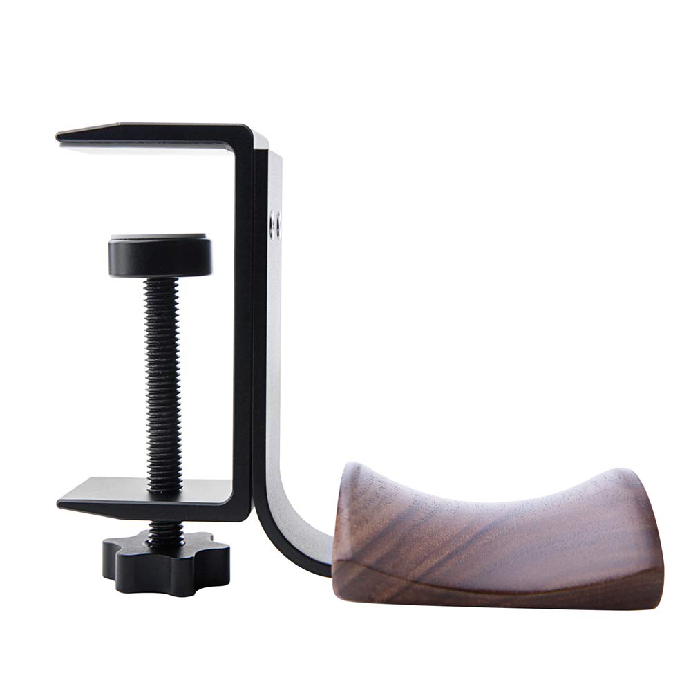 ヘッドホンハンガー、ヘッドホンスタンド、イヤホンハンガー、ヘッドホンハンガー、アルミ合金とクルミ製、テーブルに挟める、ネジと滑り止め付き、ゲーム用ヘッドホン対応可、ヘッドホン、ブラック