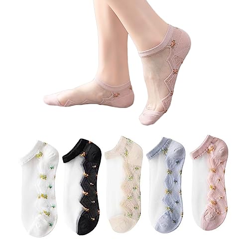 [Doyime] レディ ース 靴下 夏用 レースソックス (5足セット) くるぶし かわいいソックス かわいい レース 靴下 薄い 通気性 綿 くつした おしゃれ 花柄 透け 防臭 蒸れない 脱げない 浅履き 婦人用靴下 通学 通勤 室内 春夏用