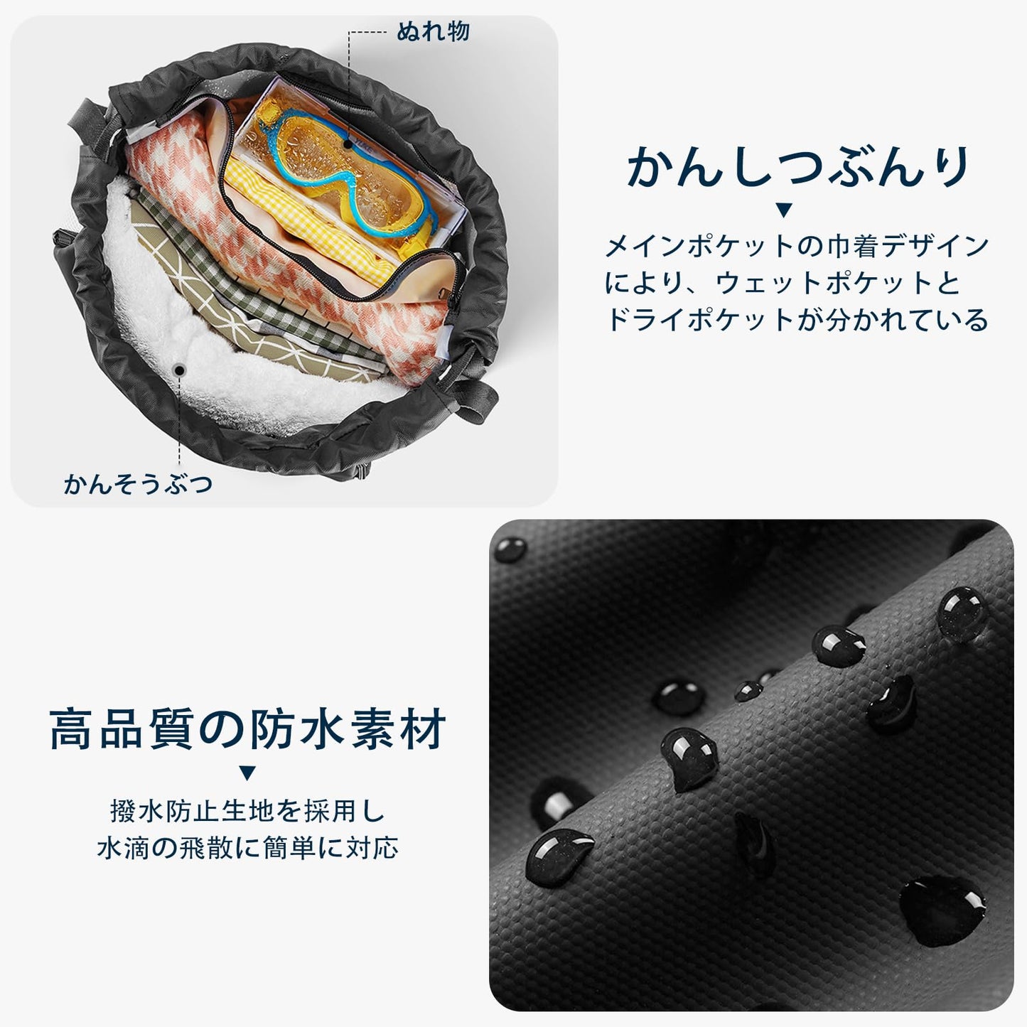 プールバッグ 水泳バッグ スイムバッグ レディース ナップサック プールばっく 大人 防水 スポーツバッグ 乾湿分離 大容量 防水 軽量 背負えて 、肩掛けもできて、手でも男の子 持てる 3WAY 巾着袋